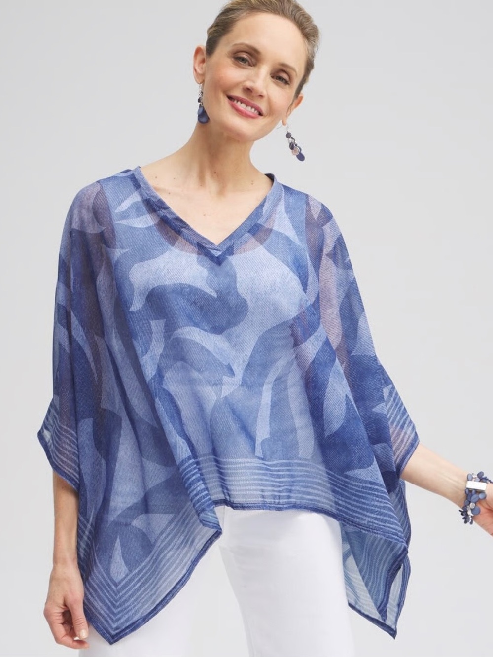 Chico’s White and Blue Chiffon Cool Abstract Poncho